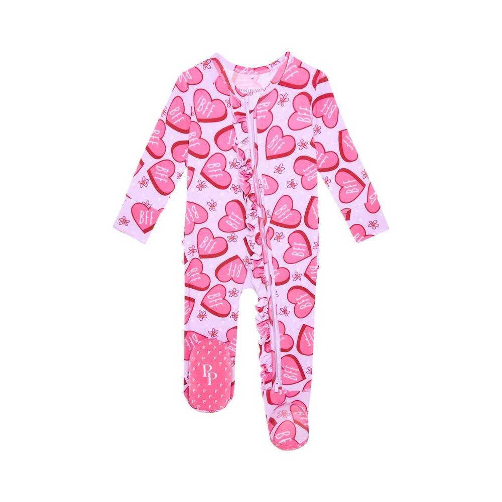 NEW POSH PEANUT baby girls ruffled zippered footie in besties